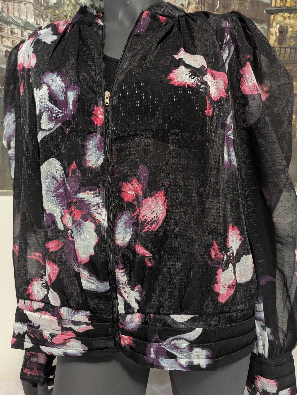 Women's Zip Jacket - Black with Pink & Purple Floral Accents